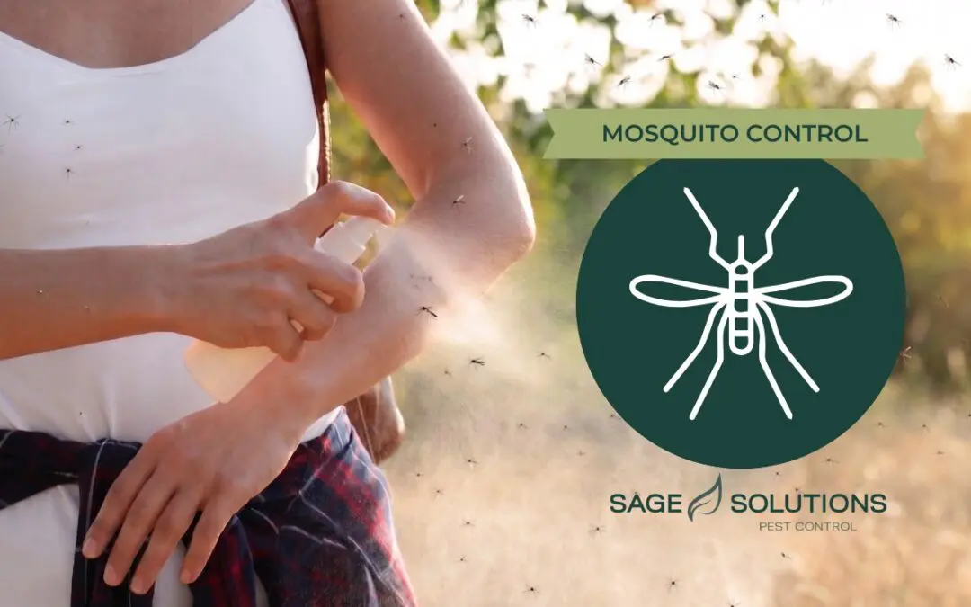 Woman spraying mosquito repellent on arm with icon overlay of mosquito and Sage Solutions Pest Control logo